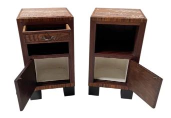 Two Art Deco Nightstands or Bedside Tables with Multi-Colored Marble Tops, 1930s